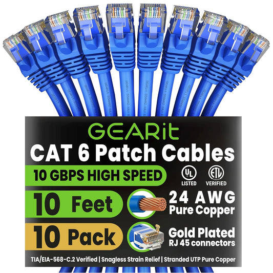 Cat 6 Ethernet Patch Cable 10 Ft Blue (10 Pack) - Cat6 Patch Cables 10Ft Blue/Ethernet Patch Cable, 10Gbps 550Mhz 24AWG Pure Copper, Snagless, Gold Plated RJ45 for Router, Server, Router, PC