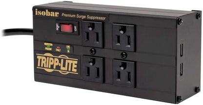 Isobar 4 Outlet Surge Protector Power Strip with 2 USB Charging Ports, 8Ft Long Cord, Right-Angle Plug, Metal, 3330 Joules, Lifetime Limited Warranty & $50K Insurance (IBAR4ULTRAUSBB)