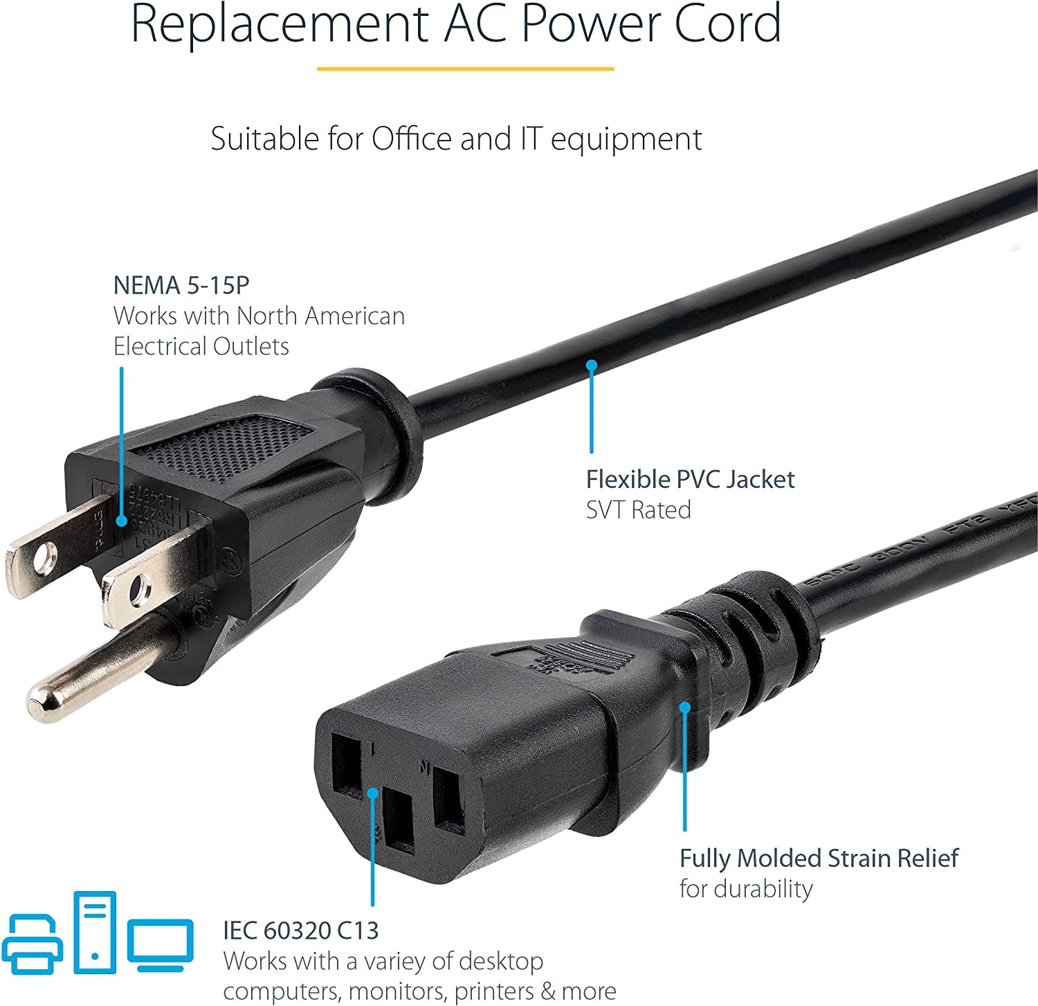 12Ft (3.6M) Computer Power Cord, NEMA 5-15P to C13, 10A 125V, 18AWG, Black Replacement AC Power Cord, Printer Power Cord, PC Power Supply Cable, Monitor Power Cable - UL Listed (PXT10112)