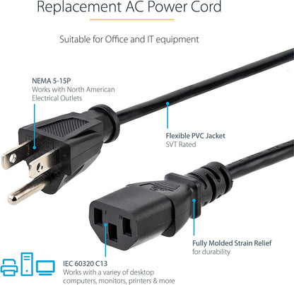 12Ft (3.6M) Computer Power Cord, NEMA 5-15P to C13, 10A 125V, 18AWG, Black Replacement AC Power Cord, Printer Power Cord, PC Power Supply Cable, Monitor Power Cable - UL Listed (PXT10112)
